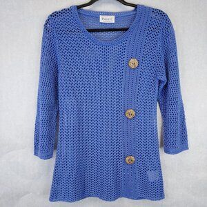 Putorti Open Knit Sweater Women S Cornflower Blue Wooden Button Beach Boho Artsy